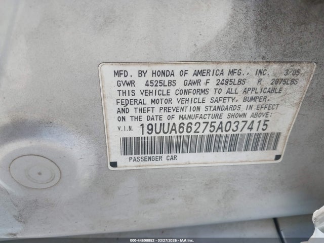 Aukcja sprzedaży 2005 Acura Tl, vin: 19UUA66275A037415, numer aukcji: 44698852
