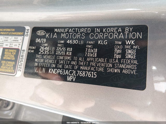 44698870 :رقم المزاد ، KNDP63AC2L7687615 vin ، 2020 Kia Sportage S مزاد بيع