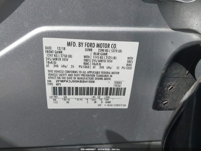 Aukcja sprzedaży 2019 Ford Edge Sel, vin: 2FMPK3J95KBB41506, numer aukcji: 44698887