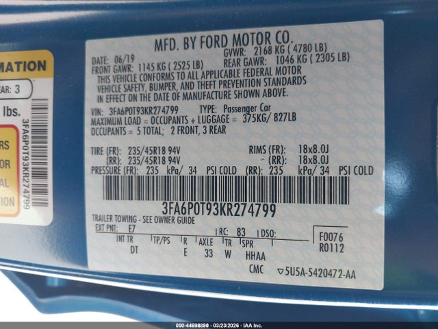 3FA6P0T93KR274799 Ford FUSION SE