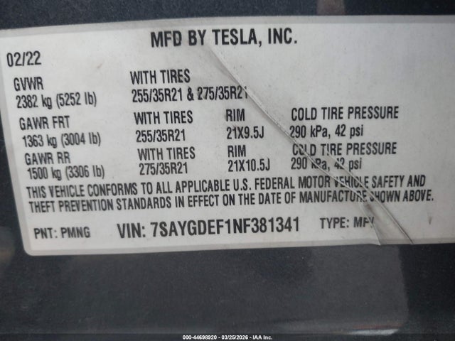 7SAYGDEF1NF381341 Tesla Model Y Performance Dual Motor All-wheel Drive