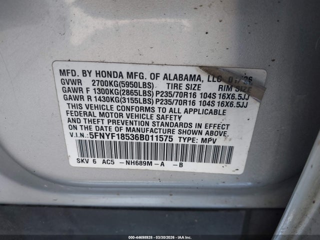 2006 HONDA PILOT 5FNYF18536B011575 Photo 8