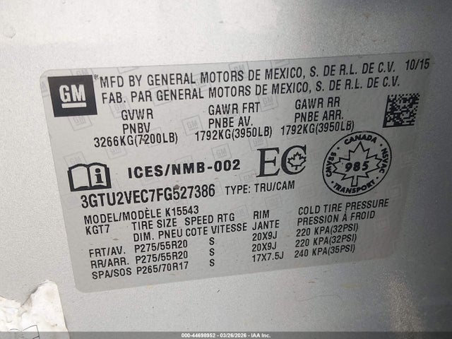 Aukcja sprzedaży 2015 Gmc Sierra 1500 Slt, vin: 3GTU2VEC7FG527386, numer aukcji: 44698952