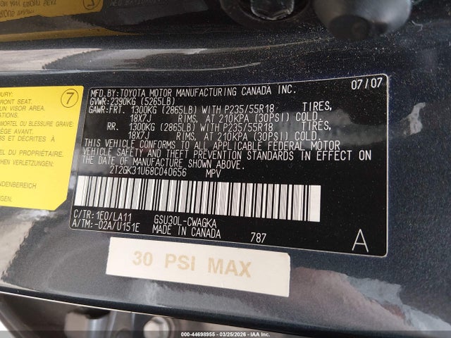 44698955 :رقم المزاد ، 2T2GK31U68C040656 vin ، 2008 Lexus Rx 350 مزاد بيع