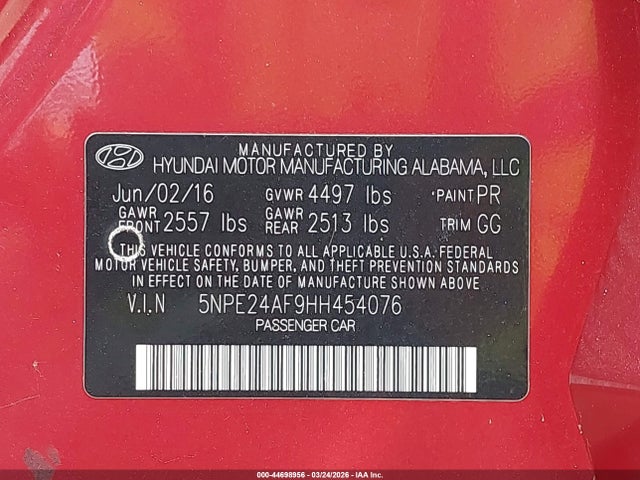 Hyundai Sonata 2017 5NPE24AF9HH454076 Image 9