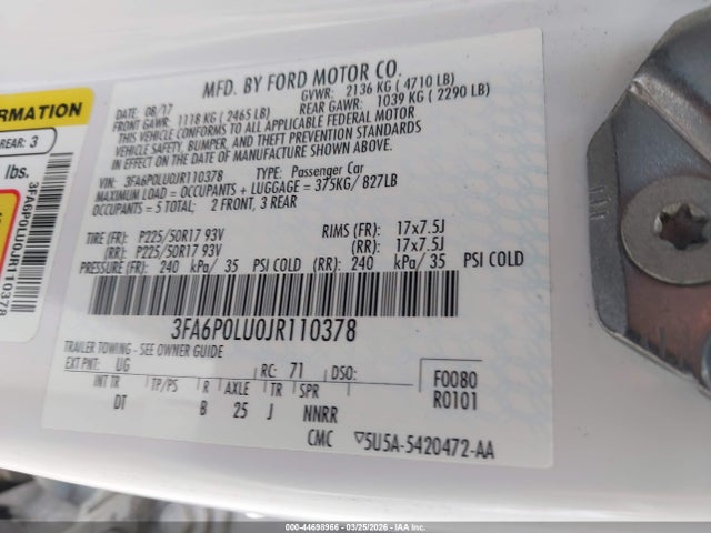 3FA6P0LU0JR110378 Ford Fusion Hybrid Se