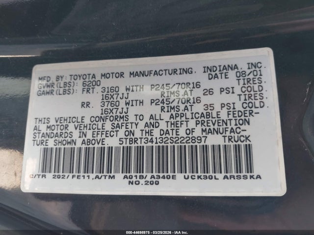 2002 TOYOTA TUNDRA 5TBRT34132S222897 Photo 8