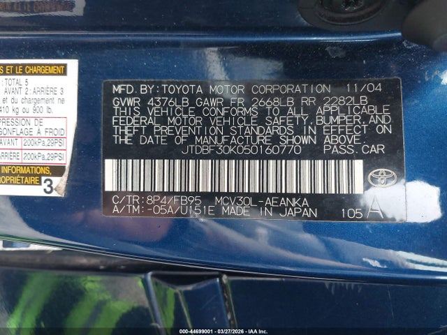 44699001 :رقم المزاد ، JTDBF30K050160770 vin ، 2005 Toyota Camry Le V6/xle V6 مزاد بيع
