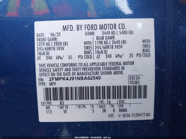 44699028 :رقم المزاد ، 2FMPK4J91NBA62540 vin ، 2022 Ford Edge Sel مزاد بيع
