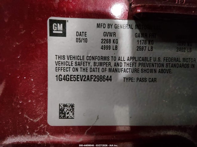 Aukcja sprzedaży 2010 Buick Lacrosse Cxs, vin: 1G4GE5EV2AF298644, numer aukcji: 44699046