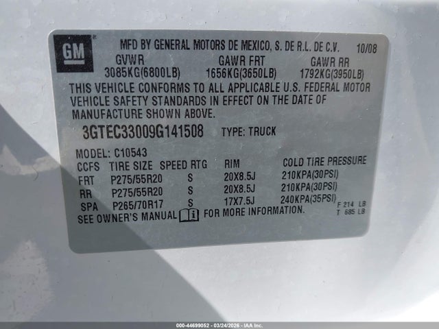Aukcja sprzedaży 2009 Gmc Sierra 1500 Slt, vin: 3GTEC33009G141508, numer aukcji: 44699052