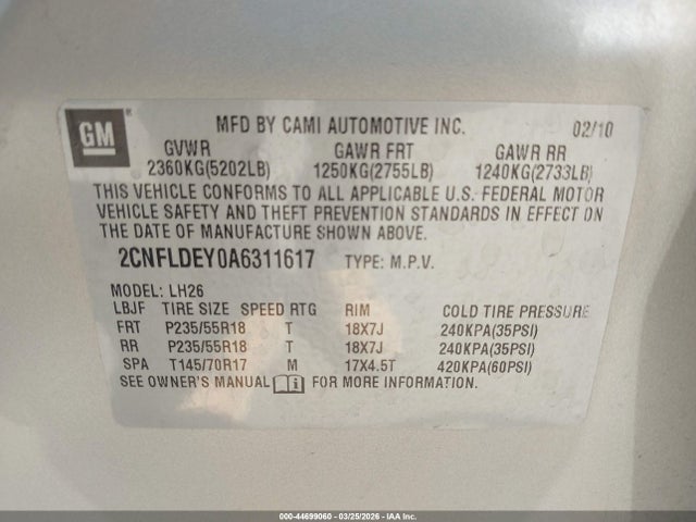 Продаж на аукціоні авто 2010 Chevrolet Equinox Lt, vin: 2CNFLDEY0A6311617, номер лоту: 44699060