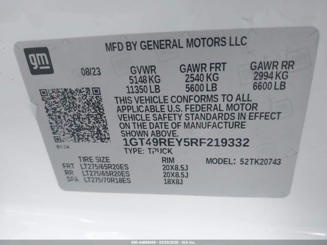 44699089 :رقم المزاد ، 1GT49REY5RF219332 vin ، 2024 Gmc Sierra 2500hd 4wd  Standard Bed Denali مزاد بيع