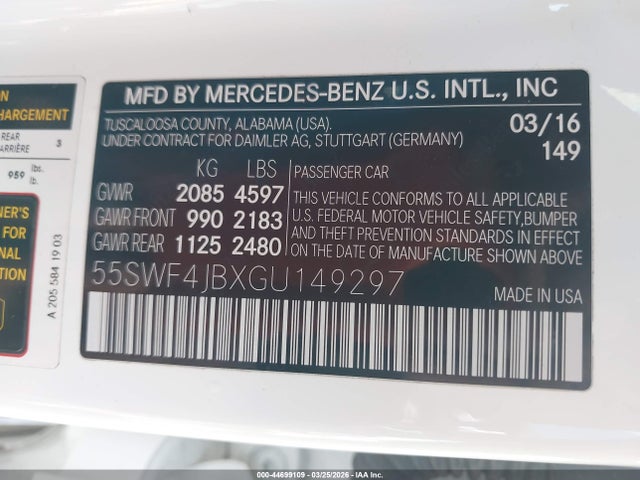Продаж на аукціоні авто 2016 Mercedes-benz C 300, vin: 55SWF4JBXGU149297, номер лоту: 44699109