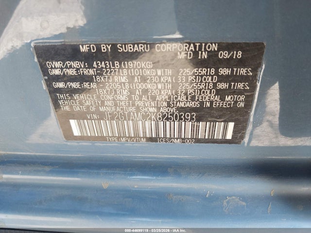 Продаж на аукціоні авто 2019 Subaru Crosstrek 2.0i Limited, vin: JF2GTAMC2K8250393, номер лоту: 44699119