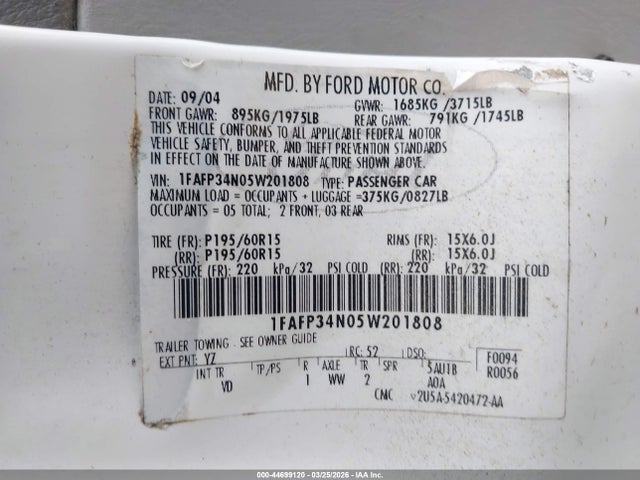 2005 FORD FOCUS 1FAFP34N05W201808 Photo 8