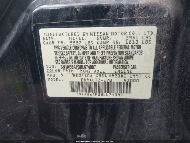 Продажа на аукционе авто 2011 Nissan Sentra 2.0sr, vin: 3N1AB6AP3BL674097, номер лота: 44699144