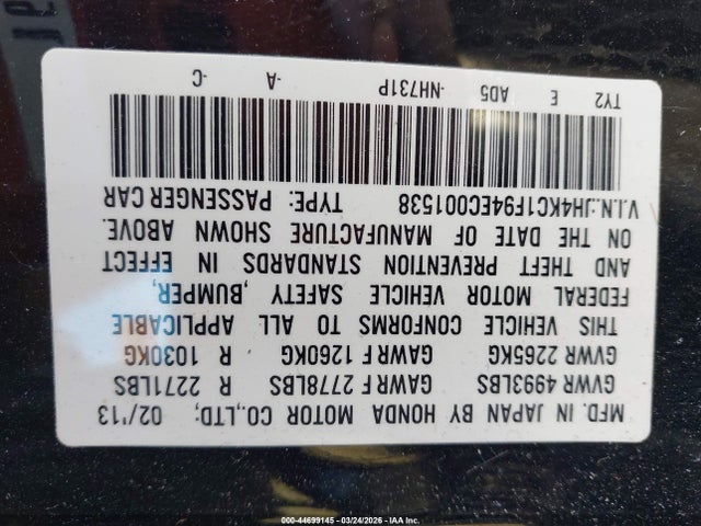 44699145 :رقم المزاد ، JH4KC1F94EC001538 vin ، 2014 Acura Rlx مزاد بيع