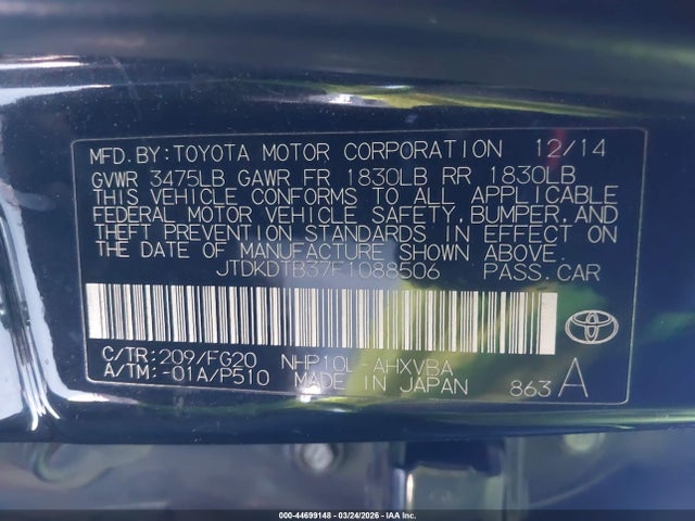 JTDKDTB37F1088506 Toyota Prius C Two