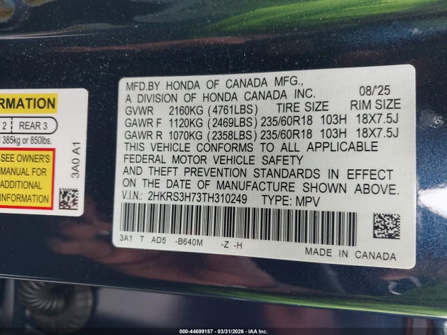 Honda Cr-v Ex-l 2wd 2026 2HKRS3H73TH310249 Image 9
