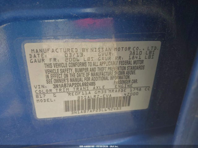 2013 Nissan Sentra Sr მანქანა იყიდება აუქციონზე, vin: 3N1AB7AP2DL692485, აუქციონის ნომერი: 44699160