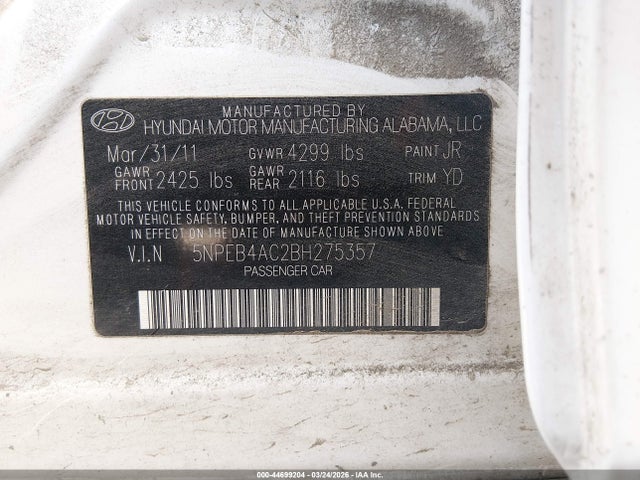 44699204 :رقم المزاد ، 5NPEB4AC2BH275357 vin ، 2011 Hyundai Sonata Gls مزاد بيع