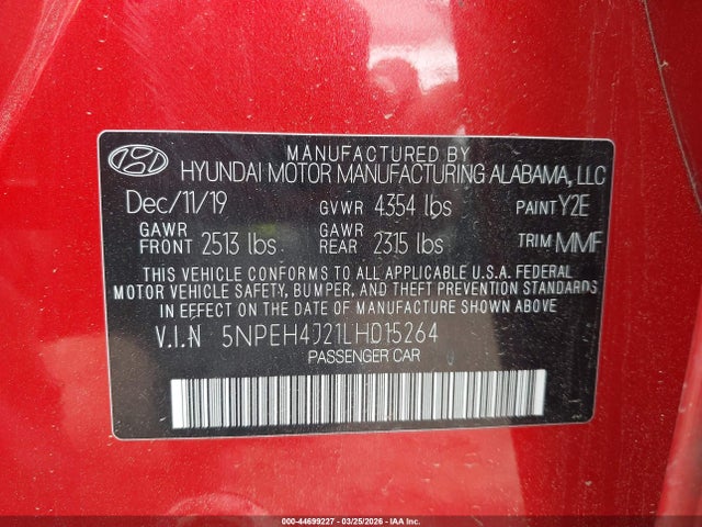 44699227 :رقم المزاد ، 5NPEH4J21LH015264 vin ، 2020 Hyundai Sonata Limited مزاد بيع