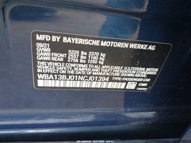 Aukcja sprzedaży 2022 Bmw 530 I Xdrive, vin: WBA13BJ01NCJ01394, numer aukcji: 44699245