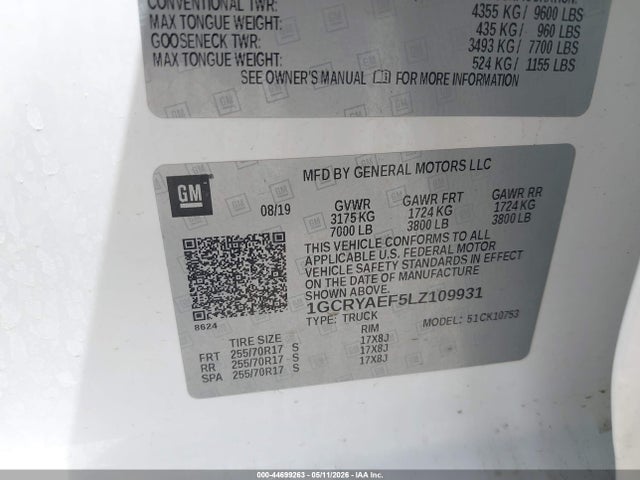 44699263 :رقم المزاد ، 1GCRYAEF5LZ109931 vin ، 2020 Chevrolet Silverado 1500 4wd  Standard Bed Wt مزاد بيع