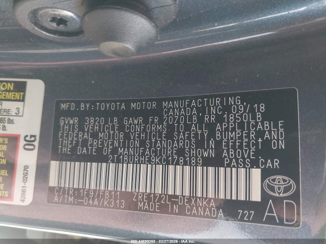 2019 Toyota Corolla Le მანქანა იყიდება აუქციონზე, vin: 2T1BURHE9KC178189, აუქციონის ნომერი: 44699268
