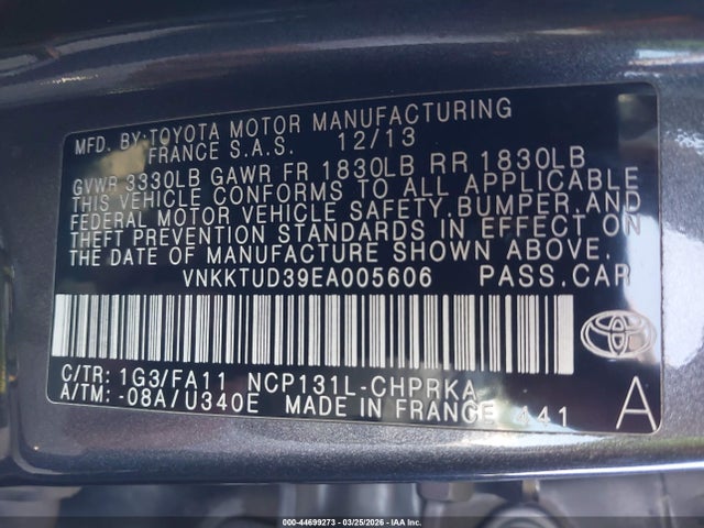 VNKKTUD39EA005606 Toyota Yaris L (tmmf Plant)