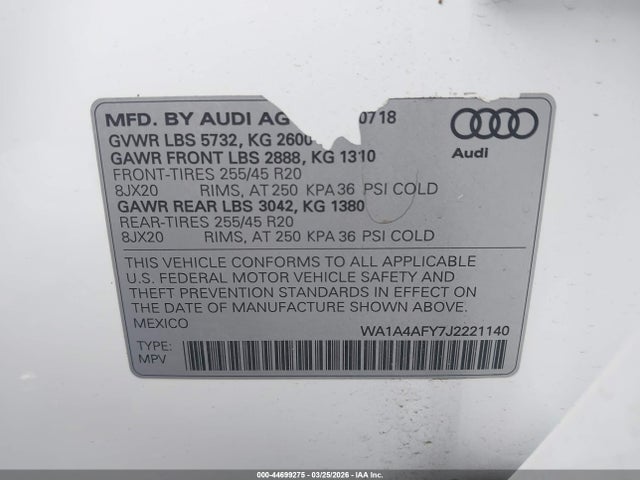 Продажа на аукционе авто 2018 Audi Sq5 3.0t Premium Plus, vin: WA1A4AFY7J2221140, номер лота: 44699275