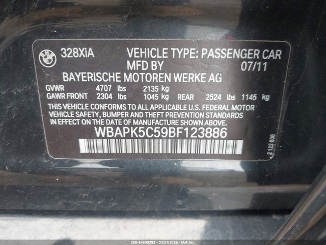 Aukcja sprzedaży 2011 Bmw 328i Xdrive, vin: WBAPK5C59BF123886, numer aukcji: 44699293