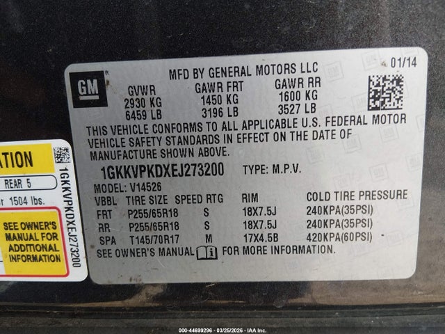 44699296 :رقم المزاد ، 1GKKVPKDXEJ273200 vin ، 2014 Gmc Acadia Sle-2 مزاد بيع