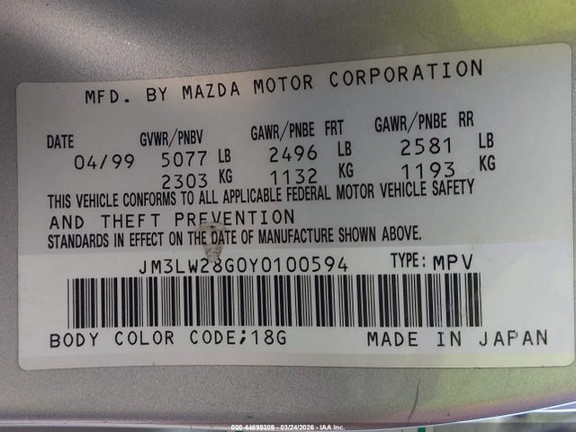 2000 Mazda Mpv Dx/es/lx მანქანა იყიდება აუქციონზე, vin: JM3LW28G0Y0100594, აუქციონის ნომერი: 44699309
