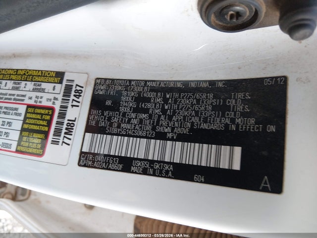 2012 Toyota Sequoia Sr5 5.7l V8 მანქანა იყიდება აუქციონზე, vin: 5TDBY5G14CS068123, აუქციონის ნომერი: 44699312