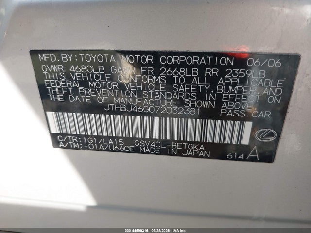 44699316 :رقم المزاد ، JTHBJ46G072032381 vin ، 2007 Lexus Es 350 مزاد بيع