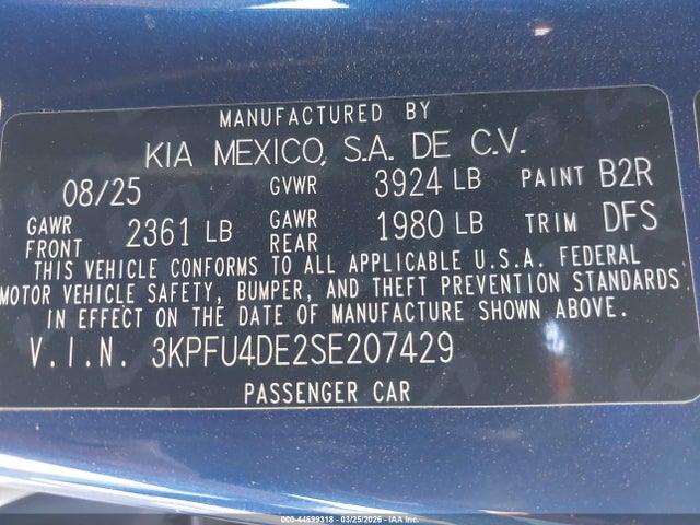 Продаж на аукціоні авто 2025 Kia K4 Ex, vin: 3KPFU4DE2SE207429, номер лоту: 44699318