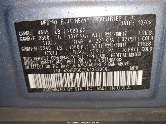 2010 Subaru Outback 2.5i Premium მანქანა იყიდება აუქციონზე, vin: 4S4BRBCC9A1333000, აუქციონის ნომერი: 44699327