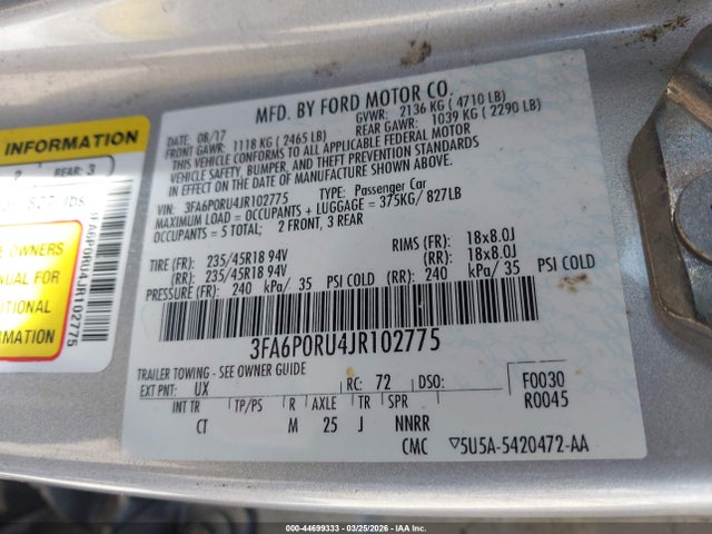Ford Fusion Hybrid Titanium 2018 3FA6P0RU4JR102775 Image 9