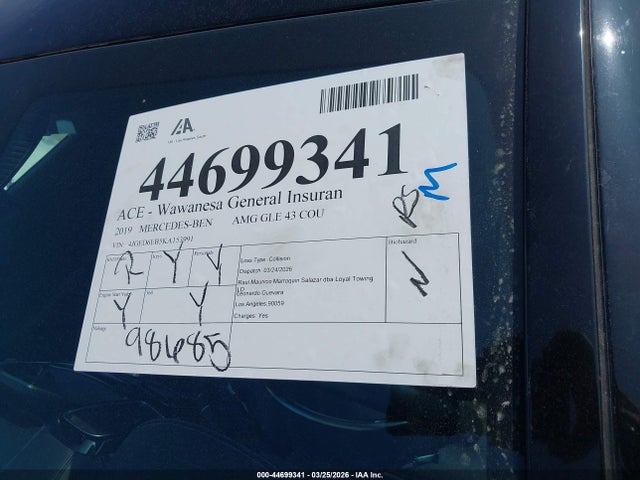 44699341 :رقم المزاد ، 4JGED6EB5KA153991 vin ، 2019 Mercedes-benz Amg Gle 43 Coupe 4matic مزاد بيع