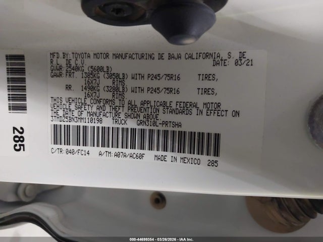 3TMDZ5BN3MM110198 Toyota Tacoma Sr5 V6