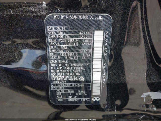 Aukcja sprzedaży 2019 Infiniti Qx50 Luxe, vin: 3PCAJ5M11KF142069, numer aukcji: 44699356