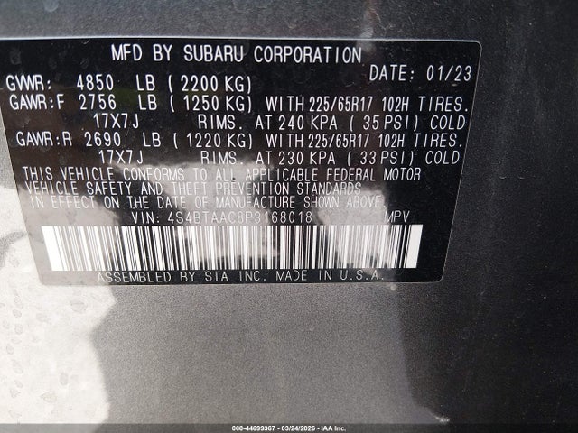 2023 SUBARU OUTBACK 4S4BTAAC8P3168018 Photo 8