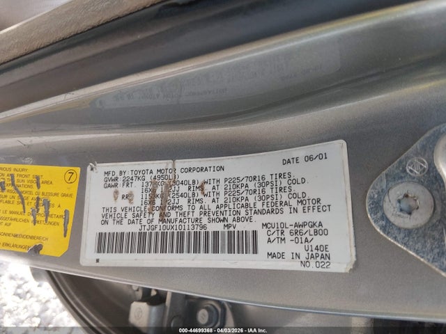 Aukcja sprzedaży 2001 Lexus Rx 300, vin: JTJGF10UX10113796, numer aukcji: 44699368