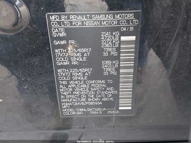 44699378 :رقم المزاد ، KNMAT2MV8JP585934 vin ، 2018 Nissan Rogue Sv مزاد بيع