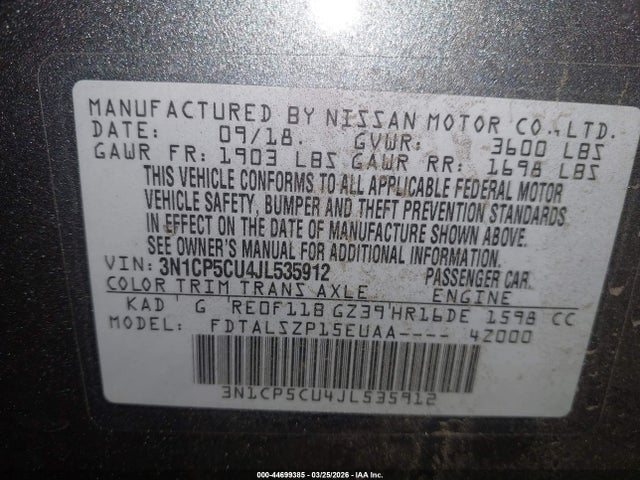 3N1CP5CU4JL535912 Nissan KICKS SV