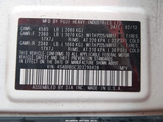 Aukcja sprzedaży 2013 Subaru Outback 2.5i Limited, vin: 4S4BRBSC3D3290428, numer aukcji: 44699388
