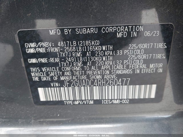 Aukcja sprzedaży 2024 Subaru Crosstrek Premium, vin: JF2GUADC4RH260477, numer aukcji: 44699393