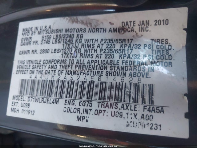 Продажа на аукционе авто 2010 Mitsubishi Endeavor Ls, vin: 4A4JM2AS2AE014628, номер лота: 44699397